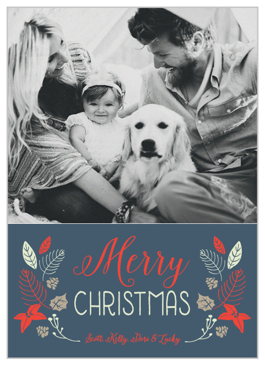 Adorned with beautifully illustrated holiday leaves leaves, sprigs and other foliage.