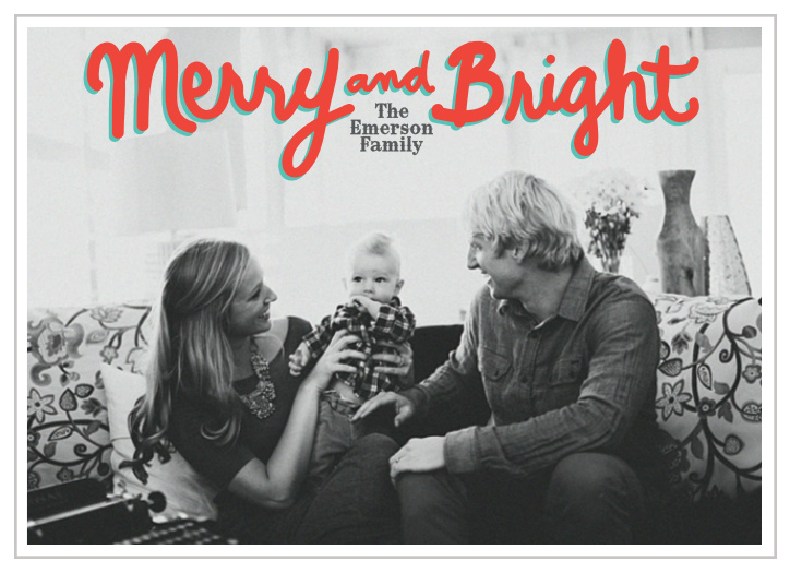 Bold, handwritten script text in vibrant and slightly untraditional holiday colors make this a modern and playful take on the holiday card.