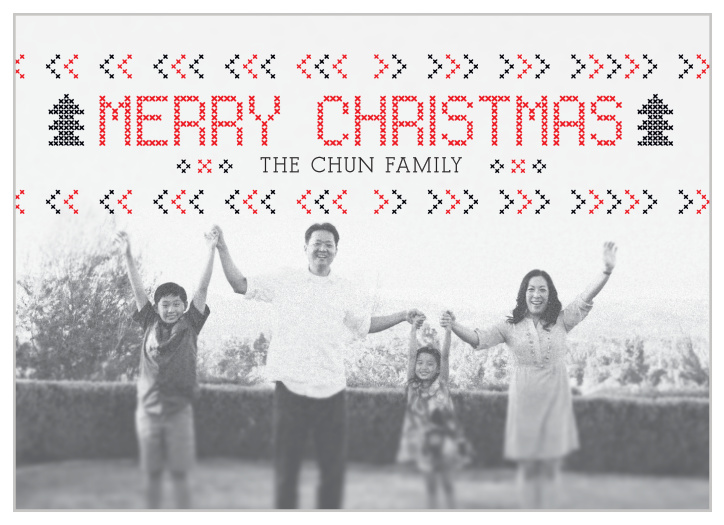 Beautiful cross-stitch designs adorn this full-photo holiday card. Fill the background with a photo of your choice and customize the colors to your liking for a modern take on a classic art form.
