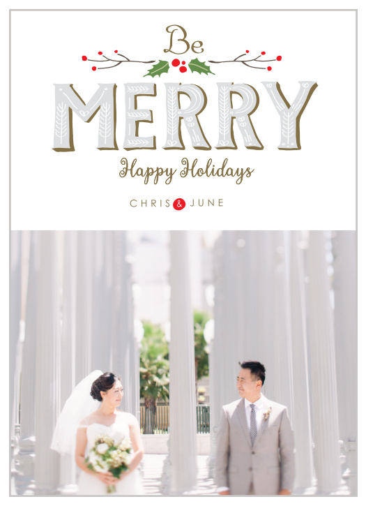 The Holly Jolly holiday cards are a full photo background with twigs of holly at the top and gorgeous hand illustrated merry sign.