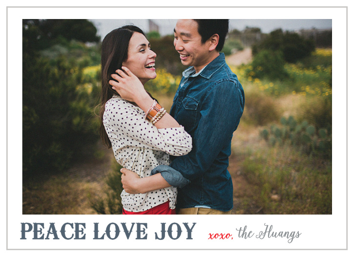 The Peace Love Joy holiday cards give you plenty of room for your favorite photo centered in the middle with a holiday greeting and your name right below.