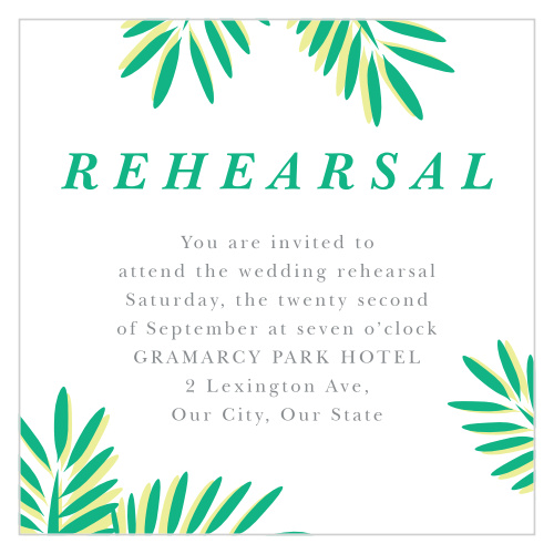 Invite your friends and family to your pre-wedding celebrations, with our Tropical Dream Rehearsal Cards!