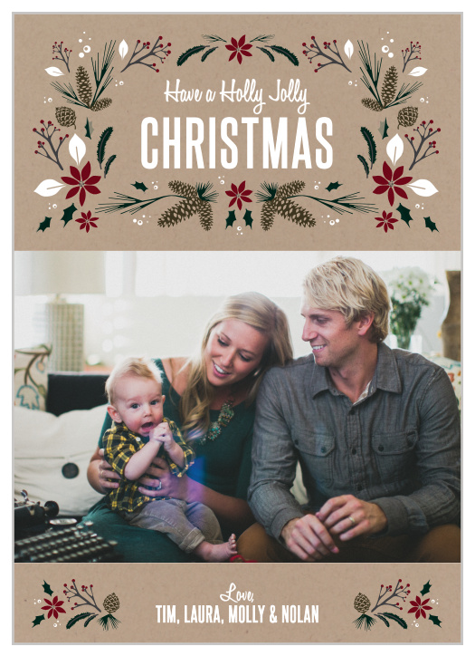 A rustic kraft background and beautifully illustrated holiday floras abound in the Winter Florals holiday card.