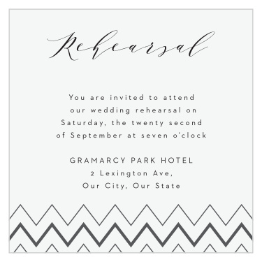 Gather family and friends the night before your wedding to practice when you send out our Chevron Ornamental Frame Rehearsal Cards.