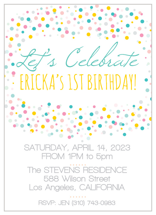 The Bright Confetti first birthday invitations surrounds your child's name in confetti with an area below for all of the important party details.