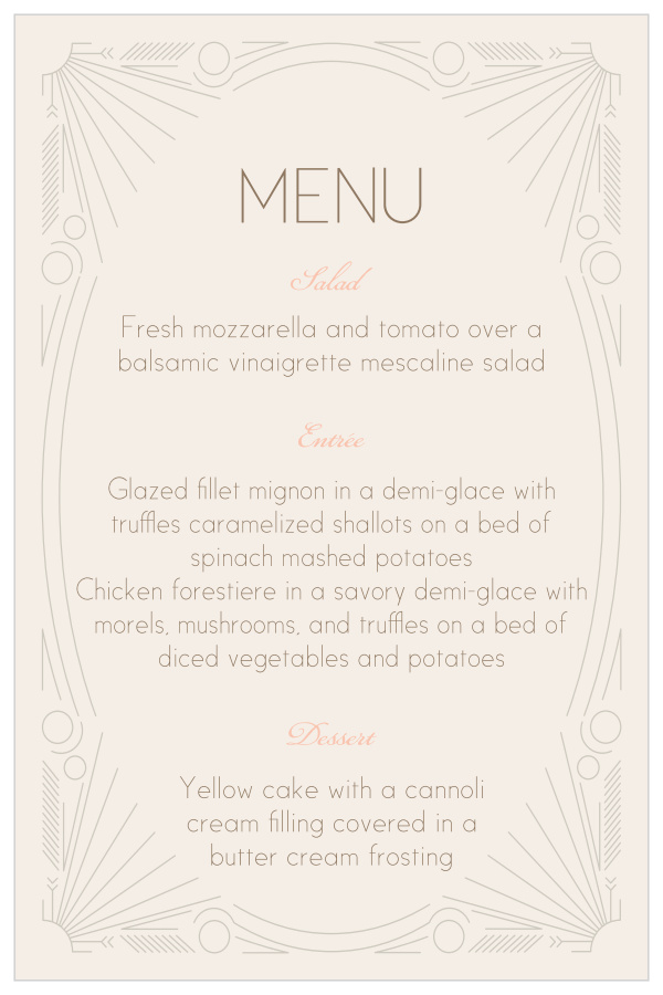 Dinner is served! Let your guests feel as elegant and classy as you as they choose their dinner with the Framed Art Deco Wedding Menu.