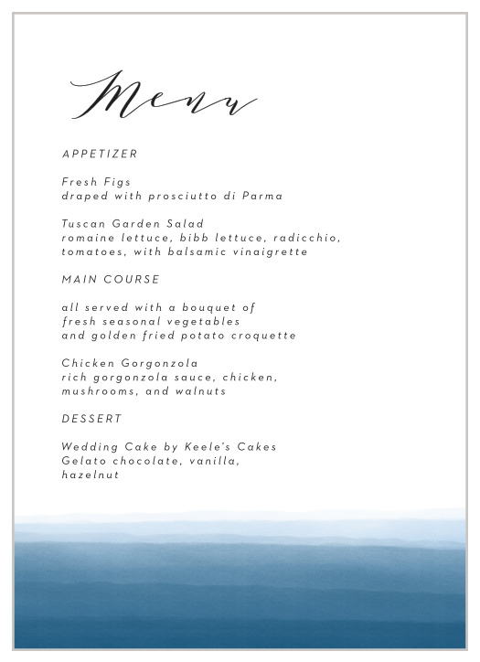 Look no further than our Watercolor Dip Wedding Menus for a design that is the perfect ratio of functional and beautiful.