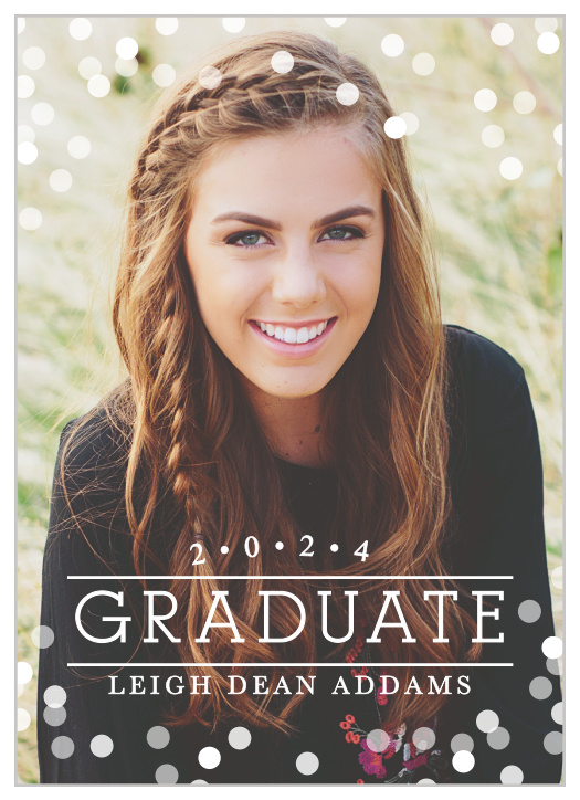 The Confetti Celebration Graduation Announcement puts you at the focus. Choose your favorite photo to announce your big day and change the color of the Polka dots for extra personalization. 