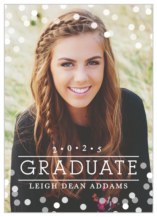 The Confetti Celebration Graduation Announcement puts you at the focus. Choose your favorite photo to announce your big day and change the color of the Polka dots for extra personalization.