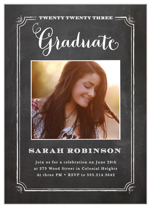 Handmade is the best way to describe the White Chalkboard Graduation Announcement - just like you! Chalk-drawn borders frame your picture, so make sure you use your best one! Customize the text and colors to fit your perfect theme.