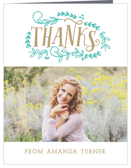The Vines Graduation Thank You Card makes for a classically chic way to express your thanks to all your loved ones for their support. Choose your favorite photo and customize the text, colors and fonts to fit your elegant style.  
