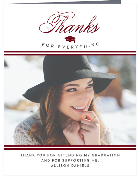 The Cap & Stripes Graduation Thank You card is a trendy yet timeless design. Show off your class with the simple red and grey color scheme, or mix and match colors and fonts to fit your graduation! 