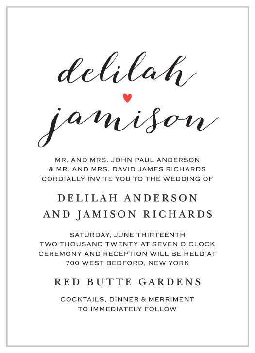 The playful simplicity of the Script Heart Wedding Invitations are what makes these typographic cards so delightful.