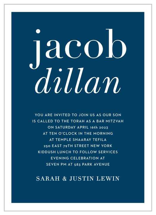 The Bold Names Bar Mitzvah invitations offer stylish sophistication with its strong typography and text. With it's simple layout it can be personalized to fit any style.