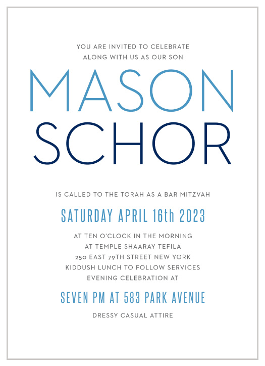 The Colorful Names Bar Mitzvah invitations offer stylish sophistication with its simple typography and text. With it's sophisticated layout it can be personalized to fit any style.