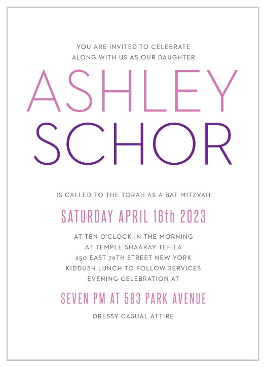 The Colorful Names Bat Mitzvah invitations offer stylish sophistication with its simple typography and text. With it's sophisticated layout it can be personalized to fit any style.