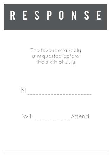 Pure elegance in its simplicity, the bold stripes of our Scrolls and Scallops Response card is the perfect accessory for the Scrolls and Scallops invitation's bold stylings. With return envelopes included, these RSVP cards will make gathering your guests' responses a breeze.