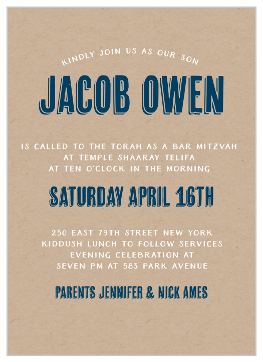 Take a unique spin on the normal Bar Mitzvah by customizing your very own Rustic Kraft Bar Mitzvah invitation. Printed on Kraft paper, the country feel of this card is a unique way to announce your upcoming celebration.