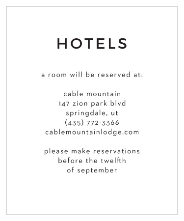 Give your guests the information they need to make their trip go smoothly. From booking hotels to travel information, you can add all of your details to this card! It’s truly customizable and can be personalized to match your theme by changing the font, text and color!