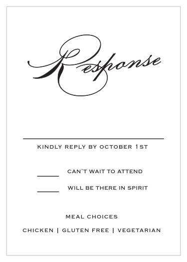 Receive your guests attendance by sending out this matching Classic Script RSVP card. Customize the colors and fonts to match your special day!