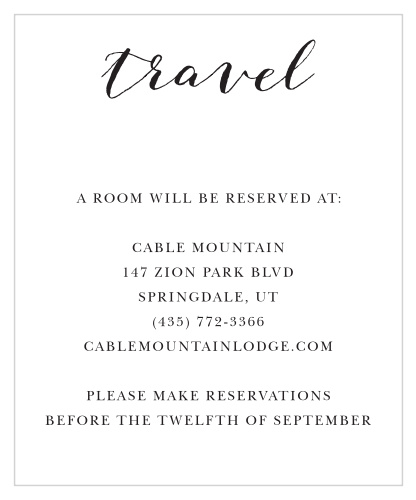 Show some love to your guests by purchasing the Script Heart invitation suite. The accommodation card is a great way to share additional information with those you love. Include travel, hotel and dining options for your guest.
