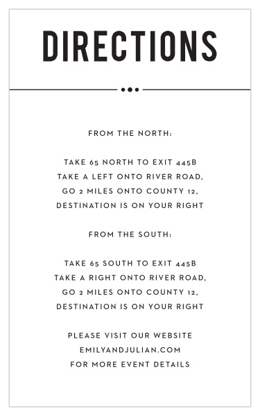 The crisp lines and bold font choices of the Perennial Playbill Directions Cards will aid your guests find your wedding venue.