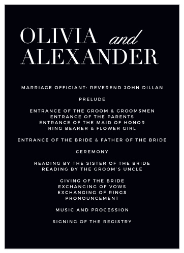 The contemporary design of the Typography Wedding Programs are a classy way to keep your wedding day running smoothly. Choose from our wide array of color and font options to create your own unique wedding stationery style.