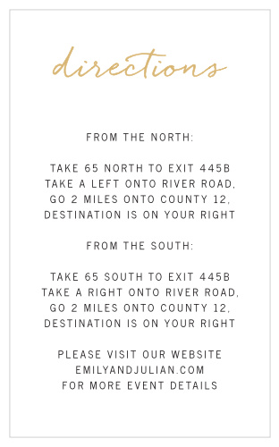 A simple and fun design, the Brush Script Foil Directions Cards are thoughtful enclosure to include with your wedding invitations.