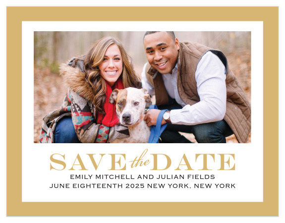 With its bold border the Classic Border Foil Save The Date is an eye-catching way to share your information with your loved ones. The striking border is the perfect compliment to your picture.