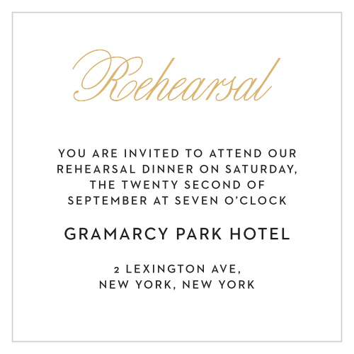 The Traditional Script Foil invitation suite gives a chic look to your stationary. The ceremony card allows you to add any additional information for your guests. Customize it to your wedding theme.