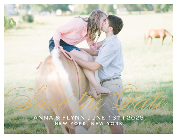 The Statement Script Foil Save The Date is an alluring way to inform your loved ones about your important date. With graceful text to compliment your beautiful picture this card is the perfect choice! Set the colors, font and text to show off your personality.