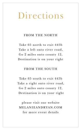 The no-fuss elegance of the Sophisticated Typography Foil Direction Cards is a smart choice for helping guests find their way on your big day.