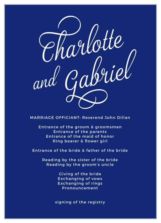 Staying organized is easy and looks good too when you enlist the help of the Script Emblem Foil Wedding Programs. This elegant design provides plenty of space for wedding day details and is easy to customize with your personal color and font preferences.