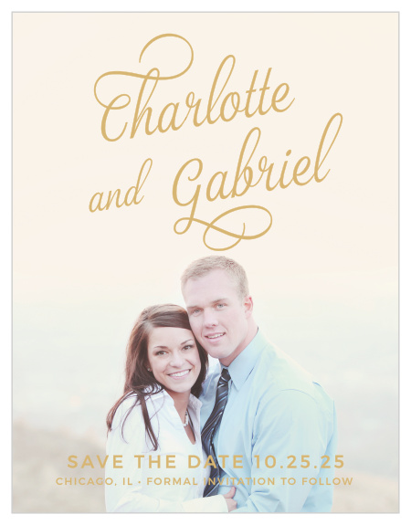 The Script Emblem Foil Save the Date card is a beautiful compliment to the rest of the invitation suite. It's simplicity provides a clean design to allow your personality to shine through with your photo.
