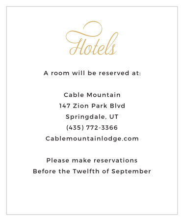 Help your guests trip go smoothly by ordering the Script Emblem Foil Accommodation card. This card matches perfectly the Script Emblem invitation suite and is totally customizable by changing the color, font and text to match your theme.