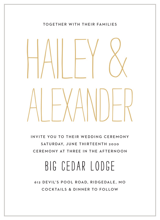 Bold contrast and whimsical font choices make the Rustic Type Foil Wedding Invitation a fun design full of life.
