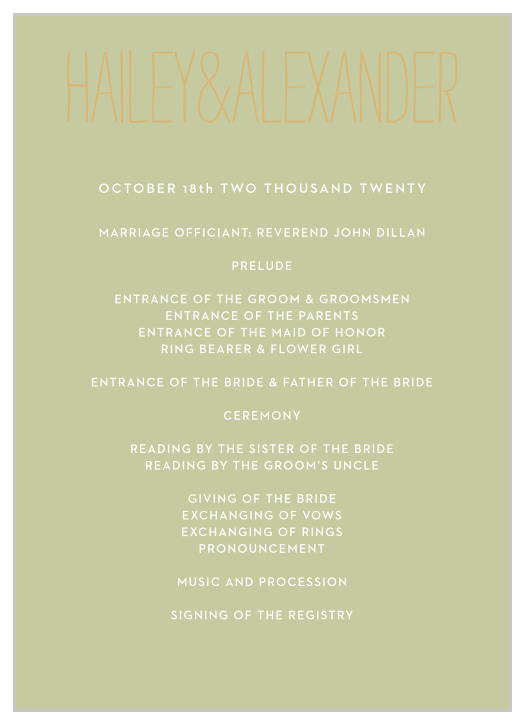 Featuring the same whimsical design elements found in all the Rustic Type Foil wedding stationery suite, this card will keep your big day on track while looking beautiful at the same time. You can have even more control by customizing your cards with our seemingly endless color and font options.