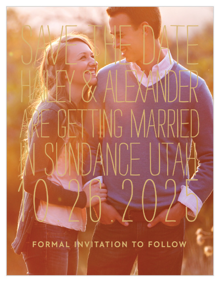 The Rustic Type Foil save-the-date card uses bold writing to share some of your wedding details. Add a picture of you and the one you love to compliment the text.