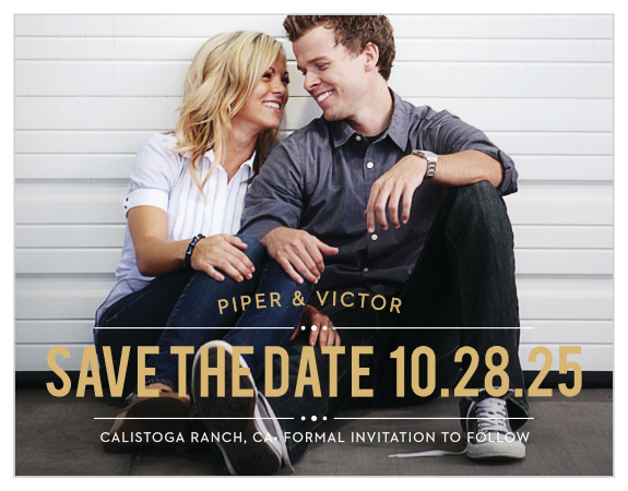 Our Perennial Playbill Foil Save The Date is a great way to share your information with your family and friends. The rustic text banner is the perfect compliment to your picture.