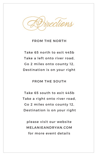 The clean simplicity of the Charmed Monogram Foil Directions Cards will help guests find your venue with its beautiful yet easy-to-read design.