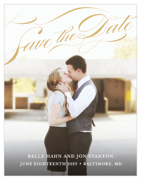 The Cheri Foil Save-the-Date Magnet is a twist on your classic black and white card. The splash of color adds a little extra personality to your card. Be sure to match it to your wedding theme! Add your photo, change the font, add text, it's up to you!