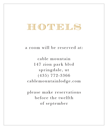 Help your guests trip go smoothly by ordering the Cheri Foil Accommodation card. This card is totally customizable by changing the color, font and text to match your theme.