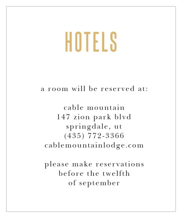 The elegant simplicity of the Destination Weekend Foil Accommodation Cards will help guests set up their plans for your wedding. Customize the text, colors and fonts create your truly unique wedding stationery. 