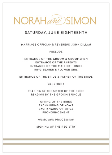 Keep your wedding day on track with the Deco Type Foil Wedding Programs. This chic and easy to read design can be customized online with over 150 font and color options and real time previews.