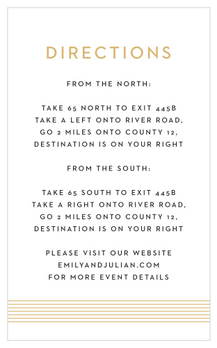 The tasteful simplicity of the Deco Type Foil Directions Cards is an elegant way to give your guests all the details needed to find your venue with ease.