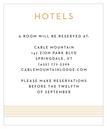 The Deco Type Foil Accommodation Card is a simple and stylish way to aid your guests in planning their trip to your wedding. Give ideas for transportation, hotels and even tips for sight seeing! Your special guests will appreciate your consideration to help them enjoy your big day! Customize the text, font and colors to match your theme!