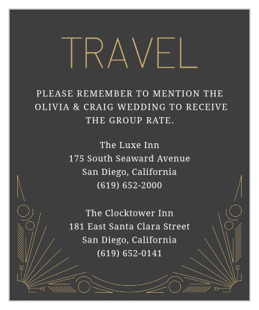 Make things too easy for your guests by providing them with this fully customizable Accommodation card from the Framed Art Deco Foil Invitation Suite.