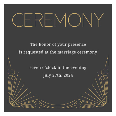 Make sure all the really important people show up to your wedding ceremony with the Framed Art Deco Foil Ceremony Cards! Customize them to fit your wedding theme or leave them with that classy, 'Great Gatsby' feel.