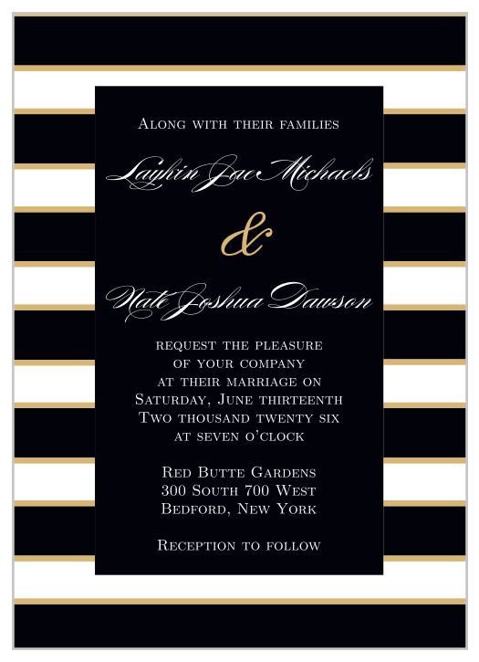 Add some sparkle to your wedding invitations with the Elegant Gold Stripes. Customize the colors and fonts to make your announcements truly one of a kind.