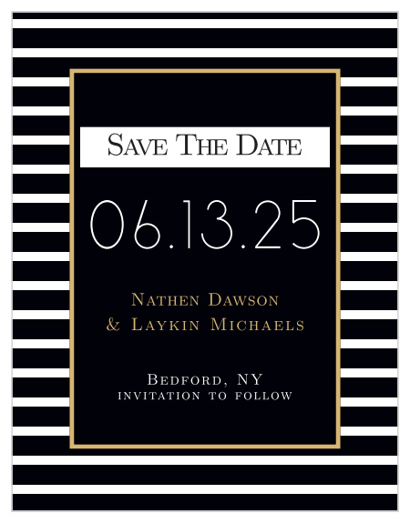 The Elegant Foil Stripes is a photo save the date magnet with a glitter sparkle title! With this traditional design, you can change all the colors and fonts in order to match your wedding scheme. Personalize the card and see your modifications instantly!